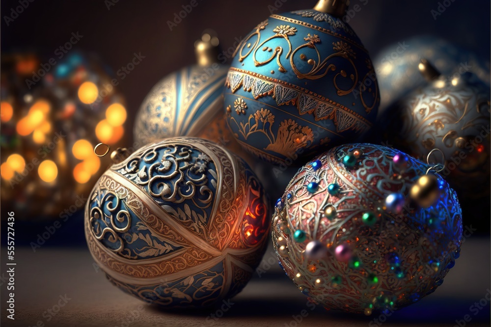 Poster a group of christmas ornaments sitting on top of a table next to each other on a table top with ligh