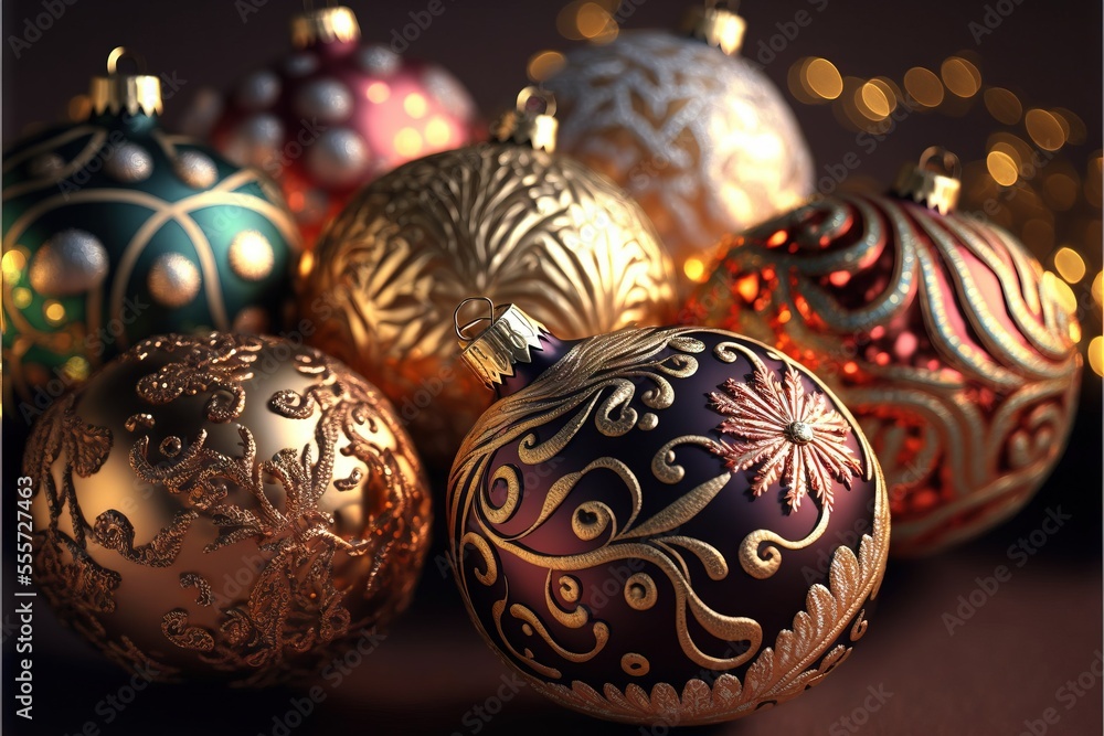 Poster a group of christmas ornaments sitting on top of a table next to each other on a table top with ligh