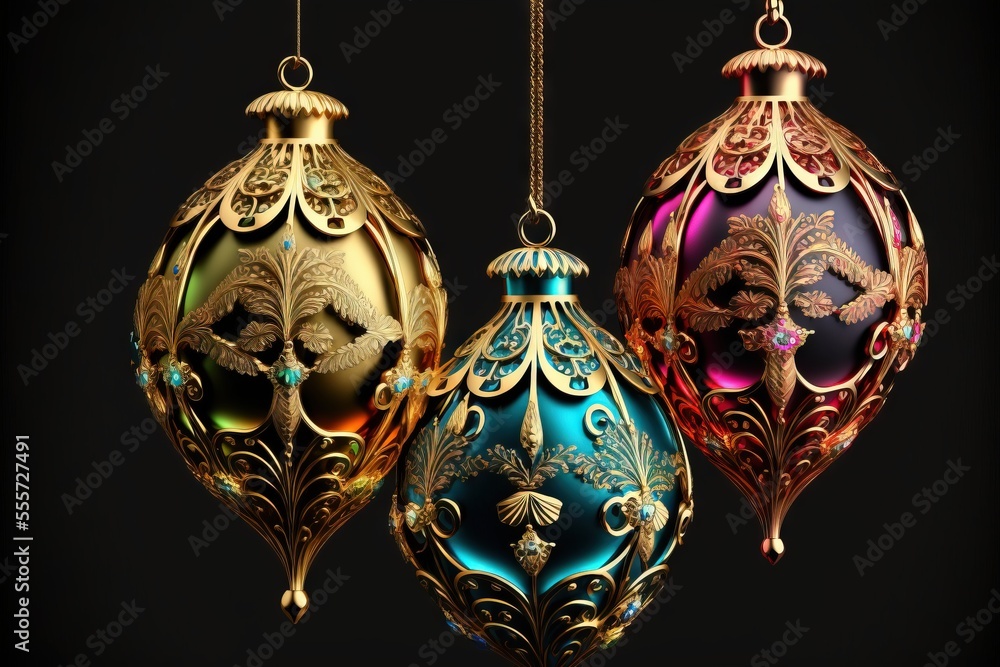 Poster three ornaments hanging from a string on a black background. generative ai