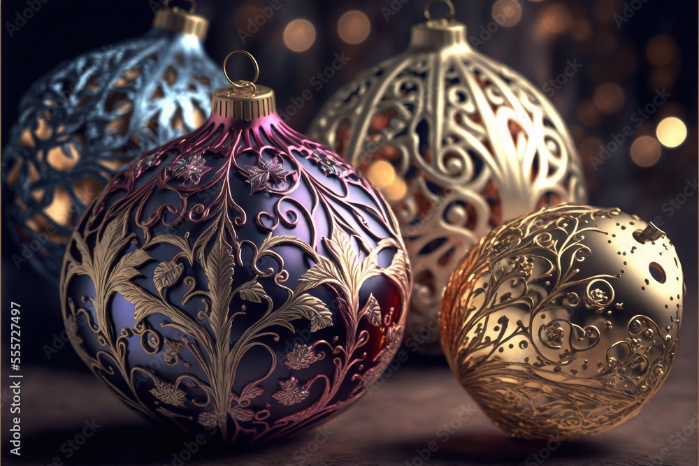 Poster  a group of three ornaments sitting on top of a table next to each other on a table top with lights in the background. Generative AI