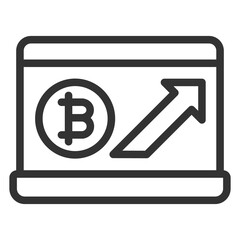 Rise in the price of bitcoin on a laptop screen - icon, illustration on white background, outline style