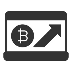 Rise in the price of bitcoin on a laptop screen - icon, illustration on white background, glyph style