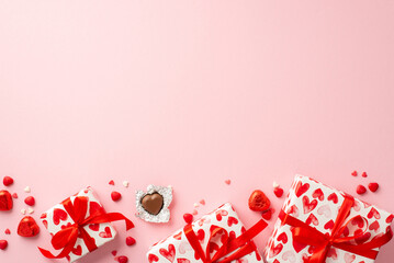 St Valentine's Day concept. Top view photo of gift boxes in wrapping paper with heart pattern chocolate candies and sprinkles on isolated light pink background with copyspace