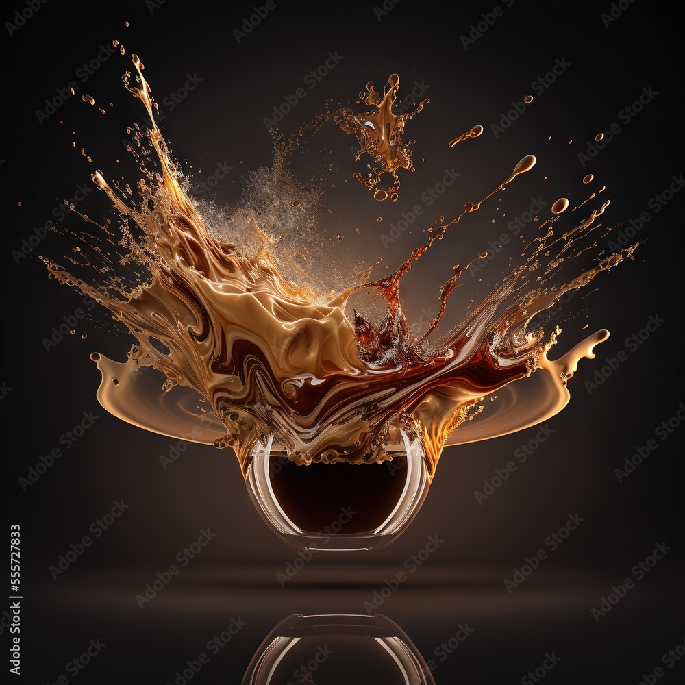 Aufkleber a liquid splashing out of a cup of coffee into the air with a black background and a reflection., ge