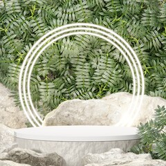 Rock stone white podium Blank product shelf standing backdrop.