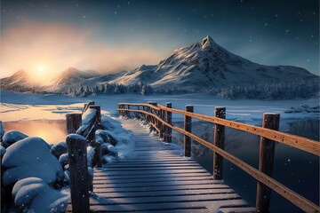 Old wooden pier over a frozen mountain river, winter mountain landscape, sunset in the mountains, frosty morning in the mountains, winter forest. AI