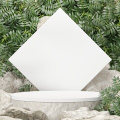 Rock stone white podium Blank product shelf standing backdrop.