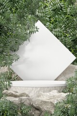 Rock stone white podium Blank product shelf standing backdrop.