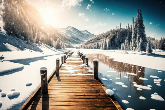 Old wooden pier over a frozen mountain river, winter mountain landscape, sunset in the mountains, frosty morning in the mountains, winter forest. AI