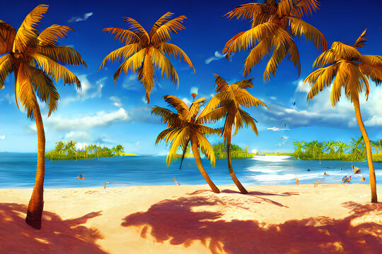 Palm tree on the beach cartoon background image made with AI technology