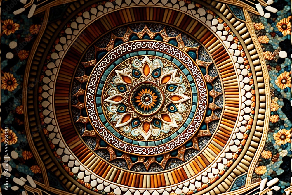 Poster a colorful circular design on a wall in a building in india. generative ai