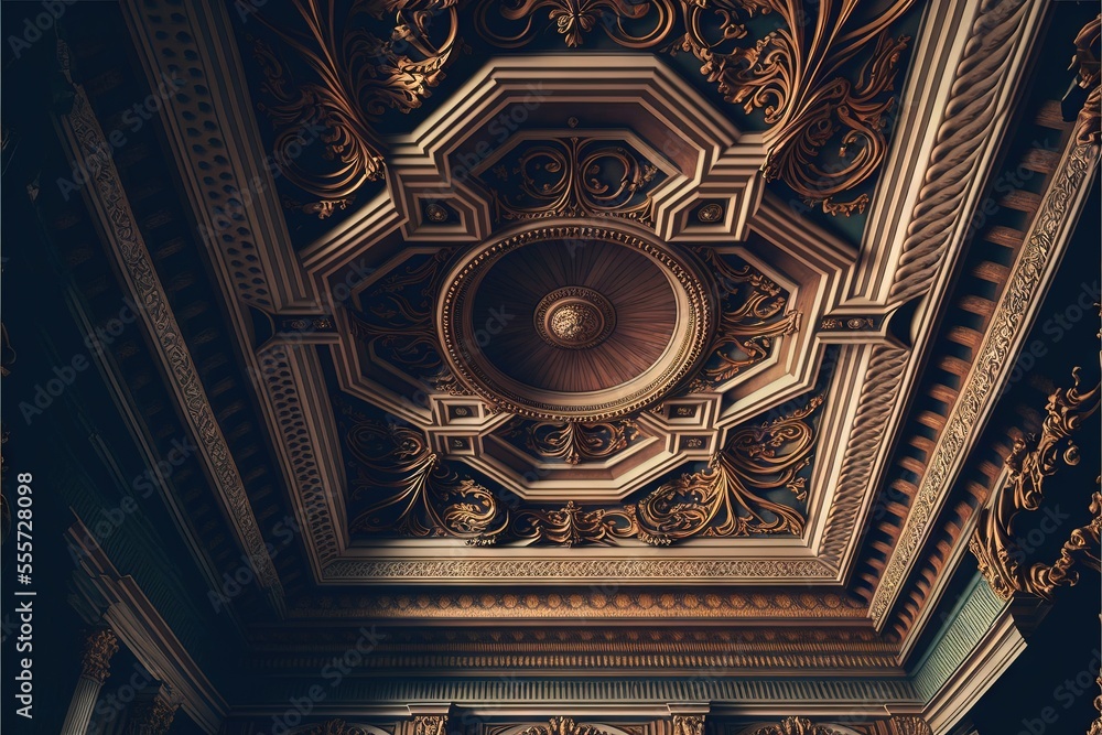 Poster a ceiling with a decorative design in a room with a ceiling fan and a window in the center of the ro
