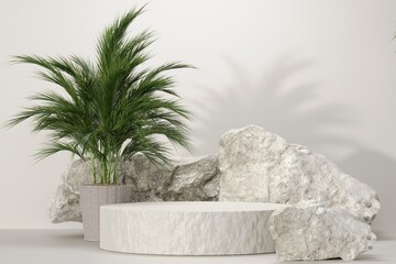 Rock stone white podium Blank product shelf standing backdrop.