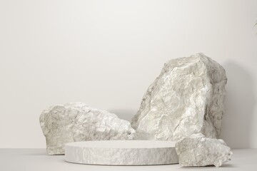 Rock stone white podium Blank product shelf standing backdrop.