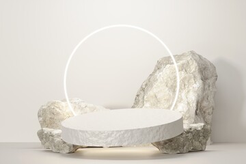 Rock stone white podium Blank product shelf standing backdrop.