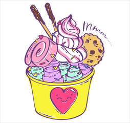 Thai ice cream topped with cookies and whipped cream. Asian street food. Frozen fruits. Flat vector illustration. Sweet food.