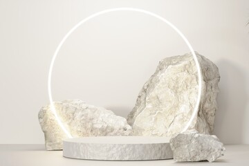 Rock stone white podium Blank product shelf standing backdrop.