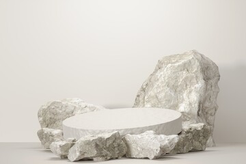 Rock stone white podium Blank product shelf standing backdrop.