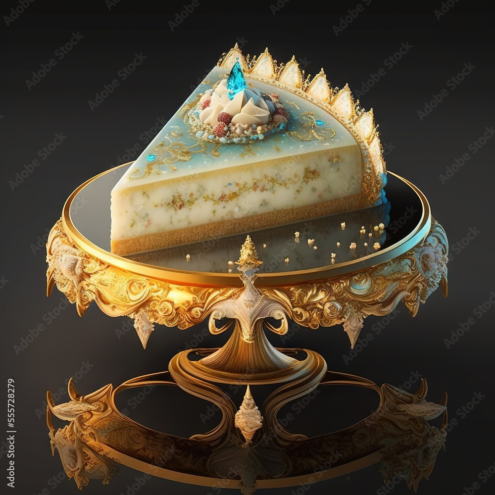 Poster a piece of cake on a gold plate with a mirror on it and a decorative stand with a piece of cake on i