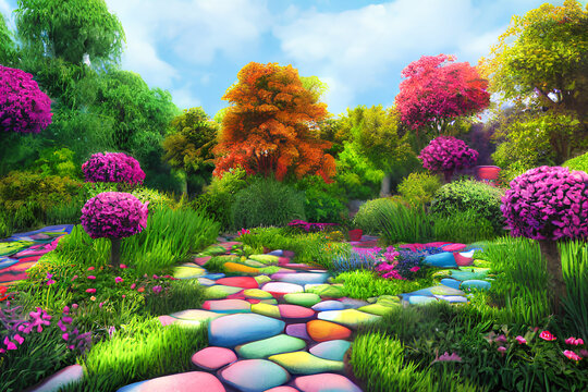 Garden with flowers cartoon background image made with AI technology
