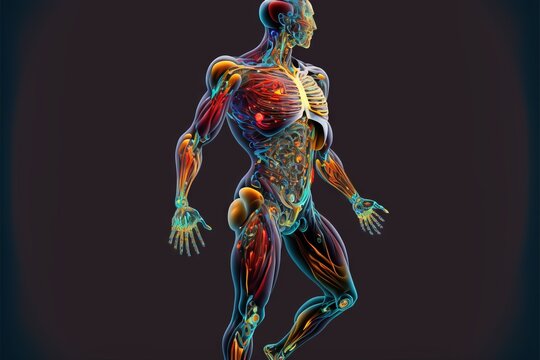 a computer generated image of a human body with muscles highlighted in blue and red colors. Generative AI
