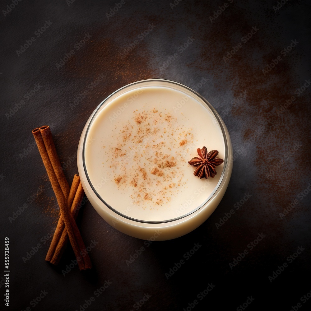 Poster a glass of milk with cinnamon sticks on a table next to it and a cinnamon stick on the side. generat