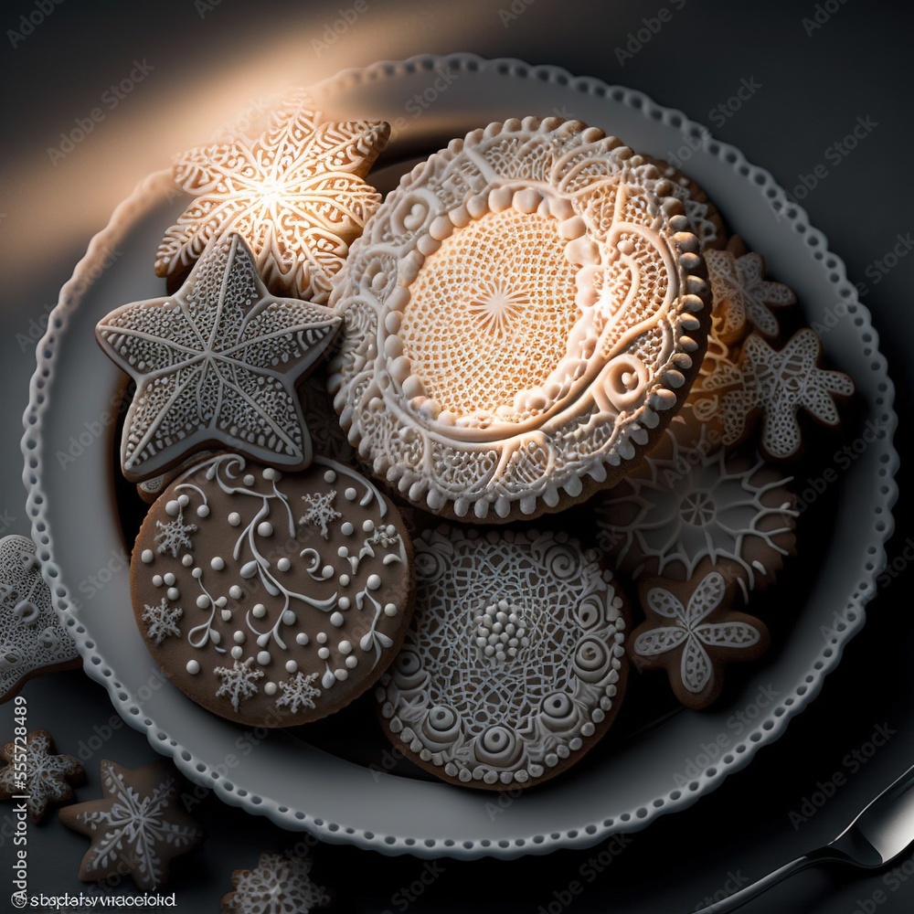 Poster a plate of cookies with frosting on a table with a knife and fork next to it and a plate of cookies with icing on the plate., generative ai