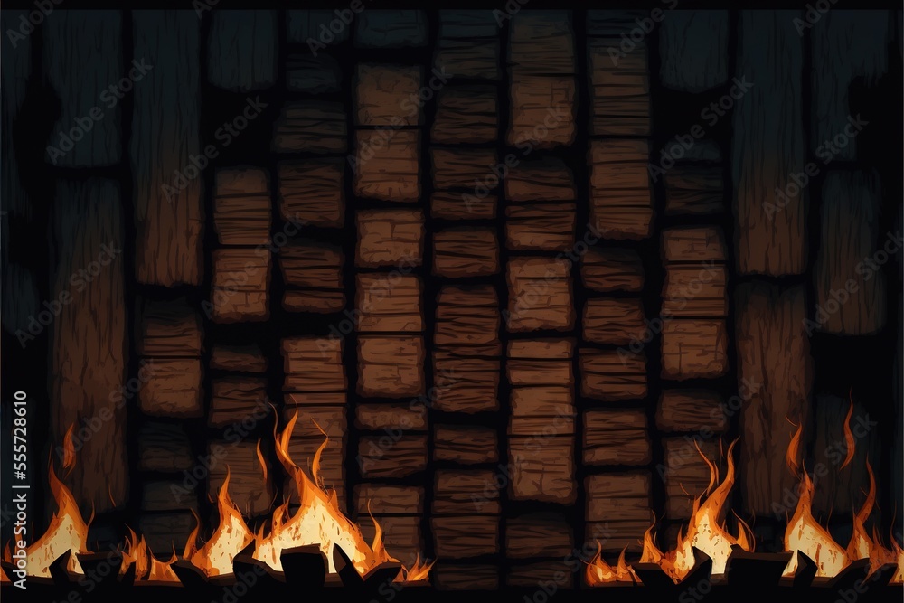 Poster a fire burning in a fireplace with a brick wall in the background and a black frame around it with a