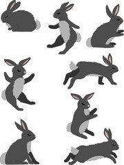 Set of colored dark grey rabbits in different poses isolated on white background