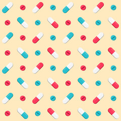 Colorful seamless pattern with pills and tablets on yellow background. Flat vector illustration.