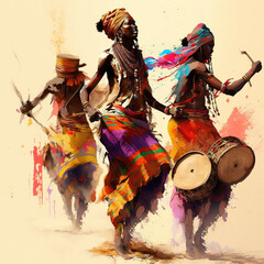 Foto auf Acrylglas Illustration, Afrikanische Stammes Tänze, Generative AI 