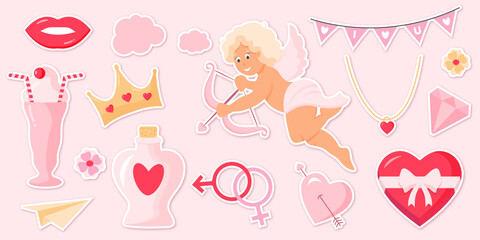 Set of cute vector love stickers for daily planner and diary. Collection of scrapbooking design elements for valentines day: heart, holiday gift. Romantic flat vector icons pack.