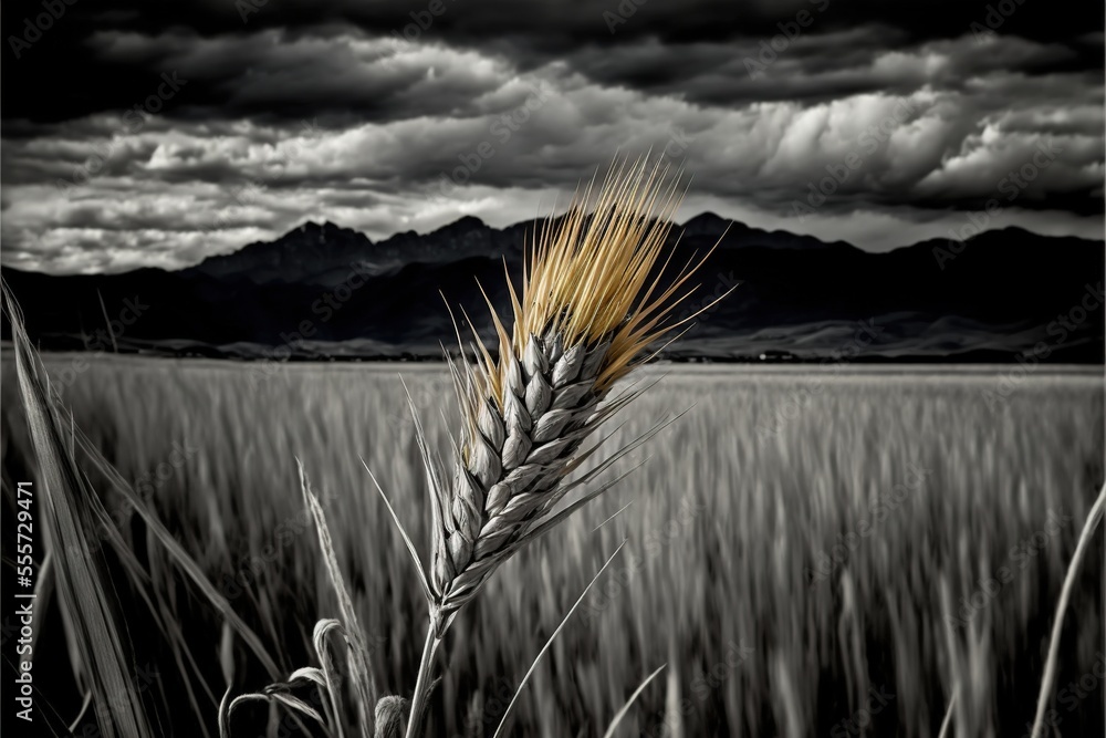 Poster a wheat field with a dark sky and clouds in the background with a black and white photo of a wheat.,