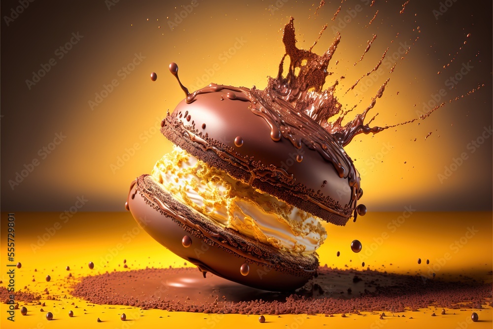 Aufkleber a chocolate covered doughnut with a splash of chocolate on top of it., generative ai