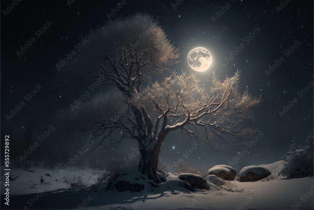 Poster a tree in a snowy field with a full moon in the background and a dark sky with stars and a few cloud
