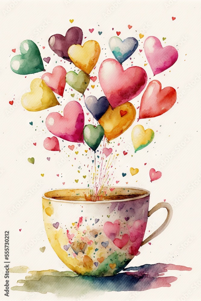 Aufkleber a painting of a cup filled with hearts floating out of it's top and bottom., generative ai