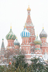 Fototapeta na wymiar Saint Basil's Cathedral on Red Square and Christmas fir-trees in winter, Moscow, Russia