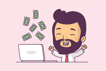 Excited man with a laptop computer earning money online. Vector cartoon illustration, chibi style.