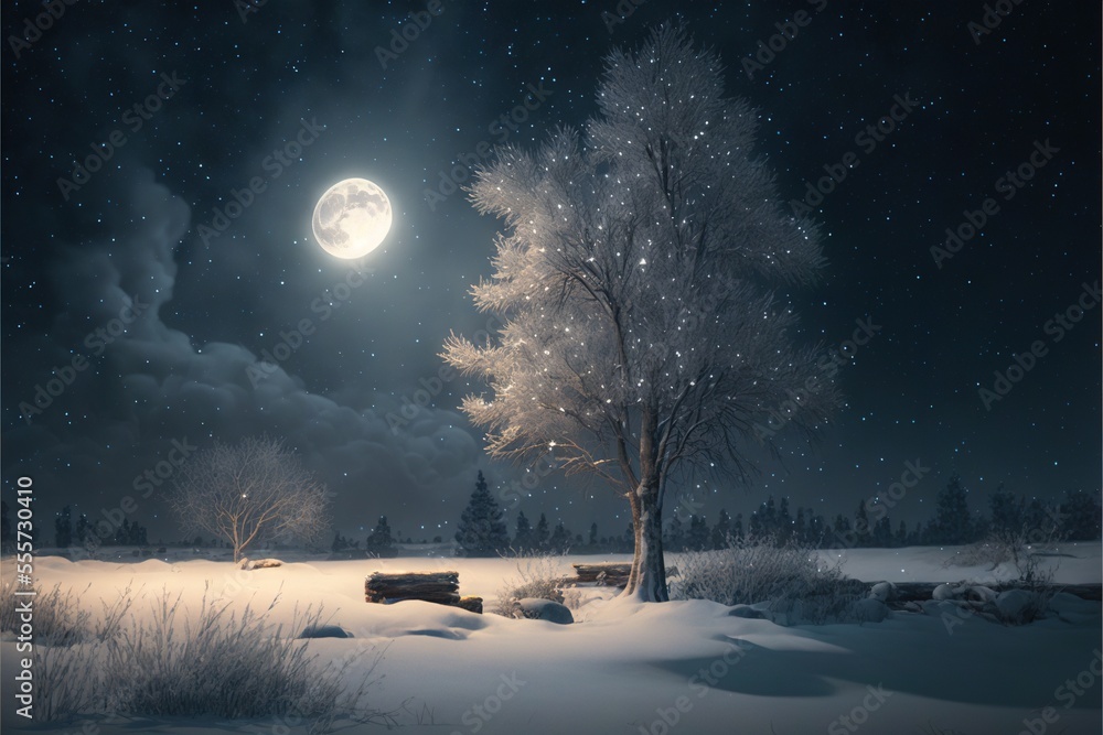 Aufkleber a snowy landscape with a tree and a full moon in the sky above it and a few snow covered trees., gen