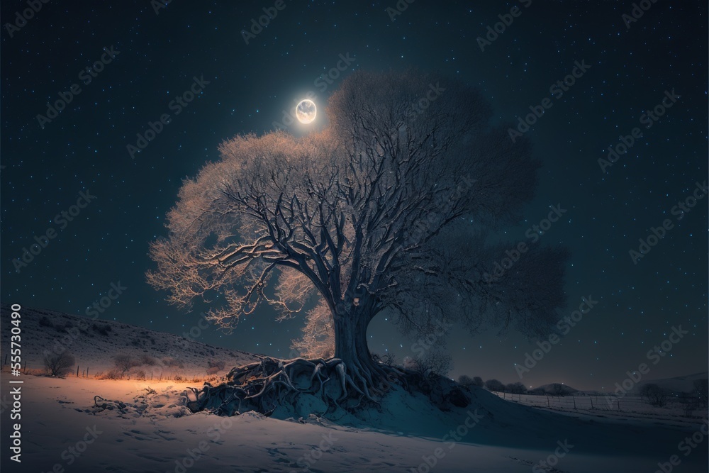 Poster a tree in a snowy field with a full moon in the background and stars in the sky above it., generativ