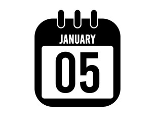 5 January calendar icon. Black calendar vector on white background for January holidays