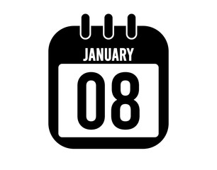 8 January calendar icon. Black calendar vector on white background for January holidays