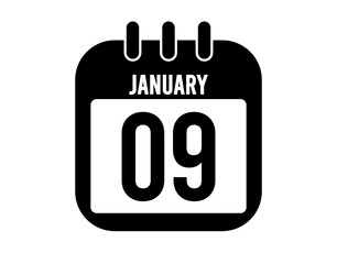 9 January calendar icon. Black calendar vector on white background for January holidays