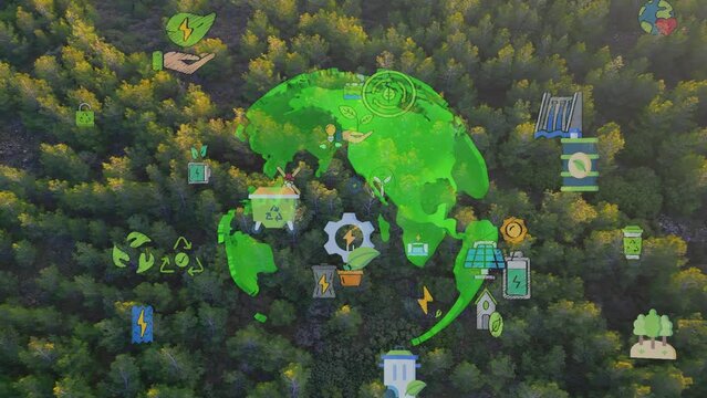 Green forest aerial view and environmental technology concept. Green tech. Ecology. Green transformation. GX. SDGs. High quality 4k footage