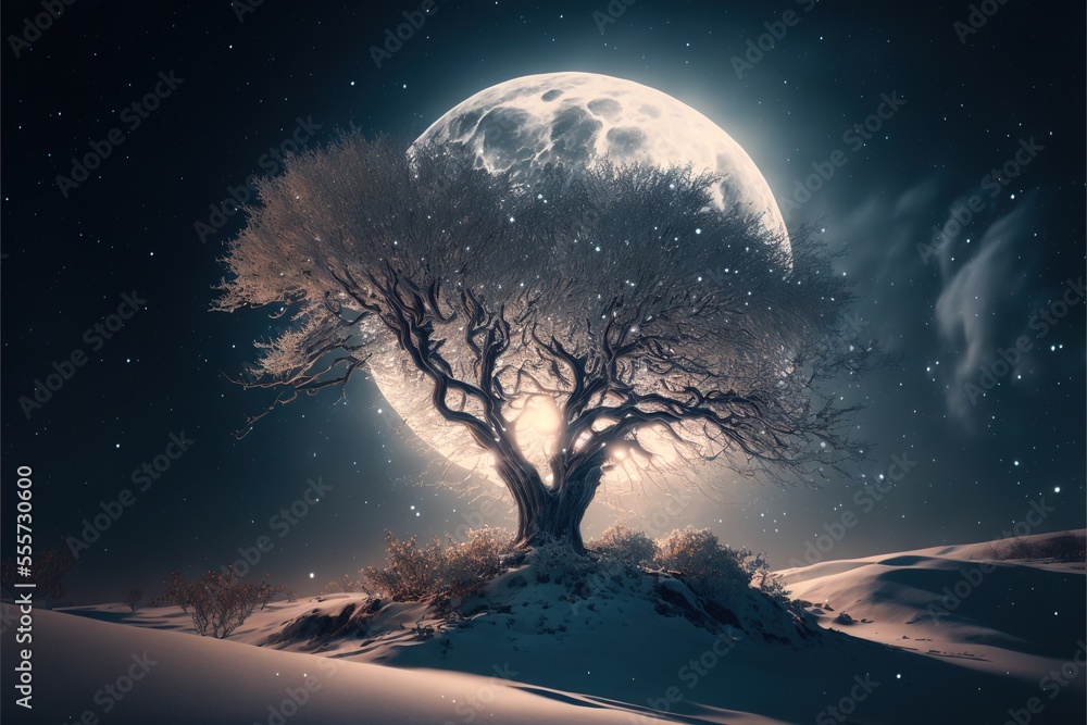 Poster a tree in the middle of a snowy field with a full moon in the background and stars in the sky., gene