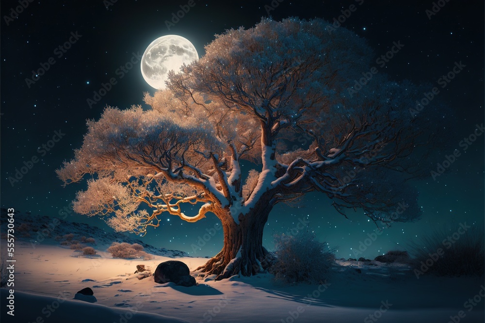 Poster a tree in the snow with a full moon in the background and a dark sky with stars and a few clouds., g