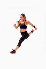 Mid age woman working out. Female fitness instructor exercising and working out HIIT. Strong woman working out. Fitness lifestyle.