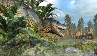 Tyrannosaurus rex stalking prey 3D illustration © warpaintcobra