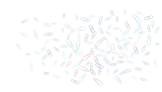 Paper clips are scattered on a white background. Decorative element. Background for design, school and office supplies