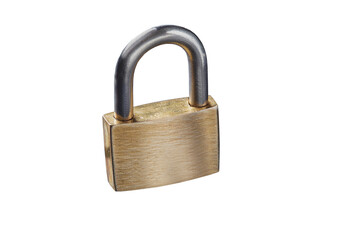 Naklejka premium Locked golden padlock on a white background.